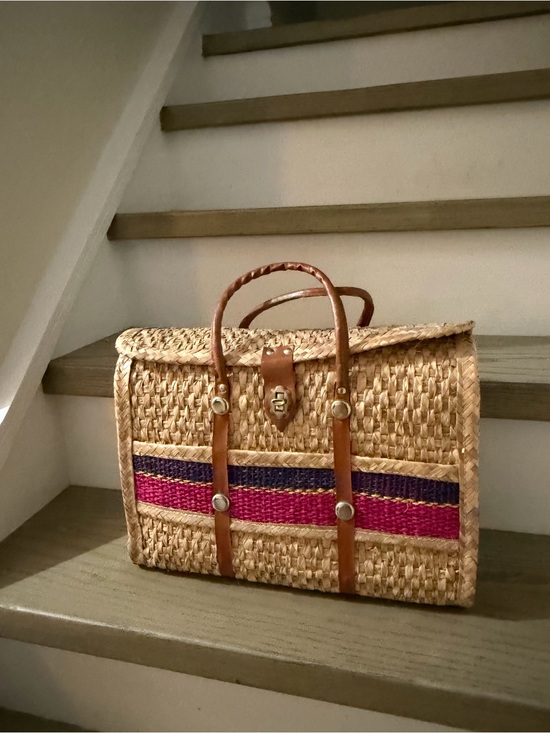 Handbags - Woven Straw Satchel Bag with Pink & Purple Stripe